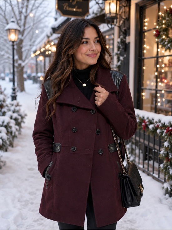 Worthington Jackets & Blazers - Worthington Women's Wine Double-Breasted Peacoat with Faux Leather Trim